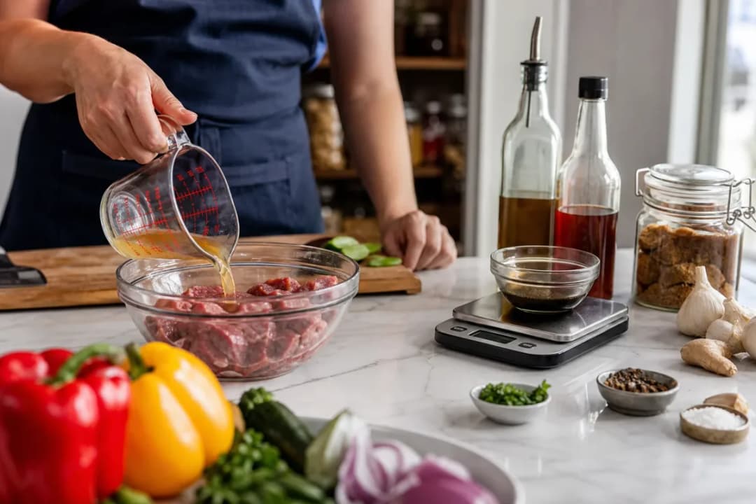 Editorial photo: Why Your Beef is Tough: 3 Marinade Rules (quick fixes tip) — realistic home-kitchen scene with visible tools and ingredients in natural light