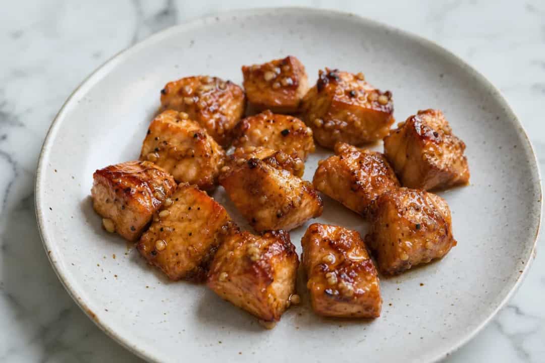 Crispy air-fried salmon bites coated in honey garlic glaze, garnished with herbs.