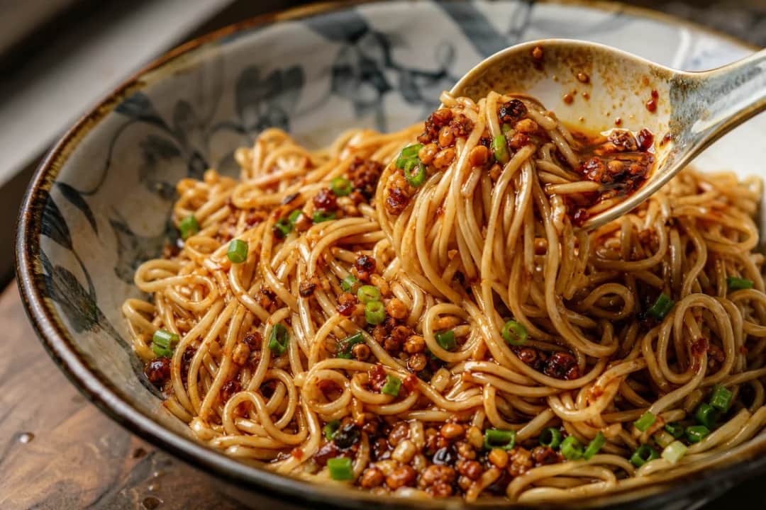 Plated chili oil garlic noodles garnished with crisp scallions and sesame seeds.