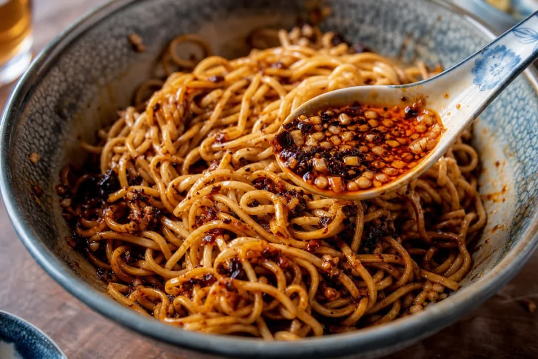 Plated chili oil garlic noodles topped with crunchy peanuts and fresh scallions.