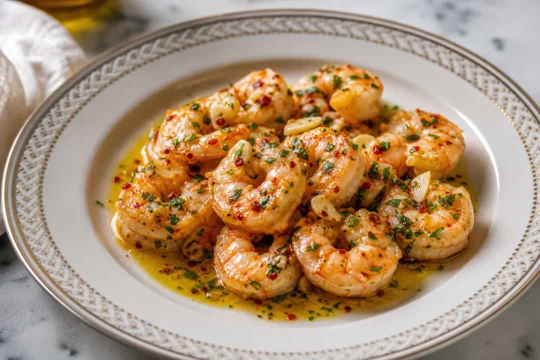 Plated gambas al ajillo with golden shrimp, garlic slices, and fresh parsley