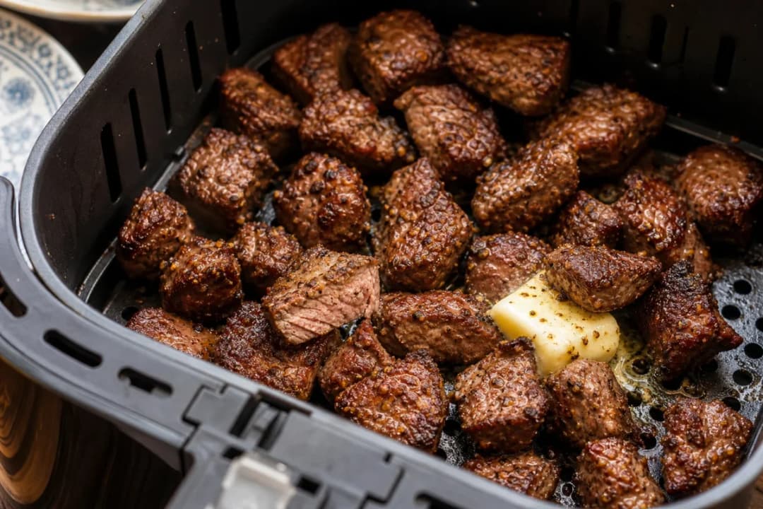 Close-up of 12-Minute Air Fryer Steak Bites with Garlic Butter Sauce, inside an open air fryer basket with crispy golden browning (dinner recipe)