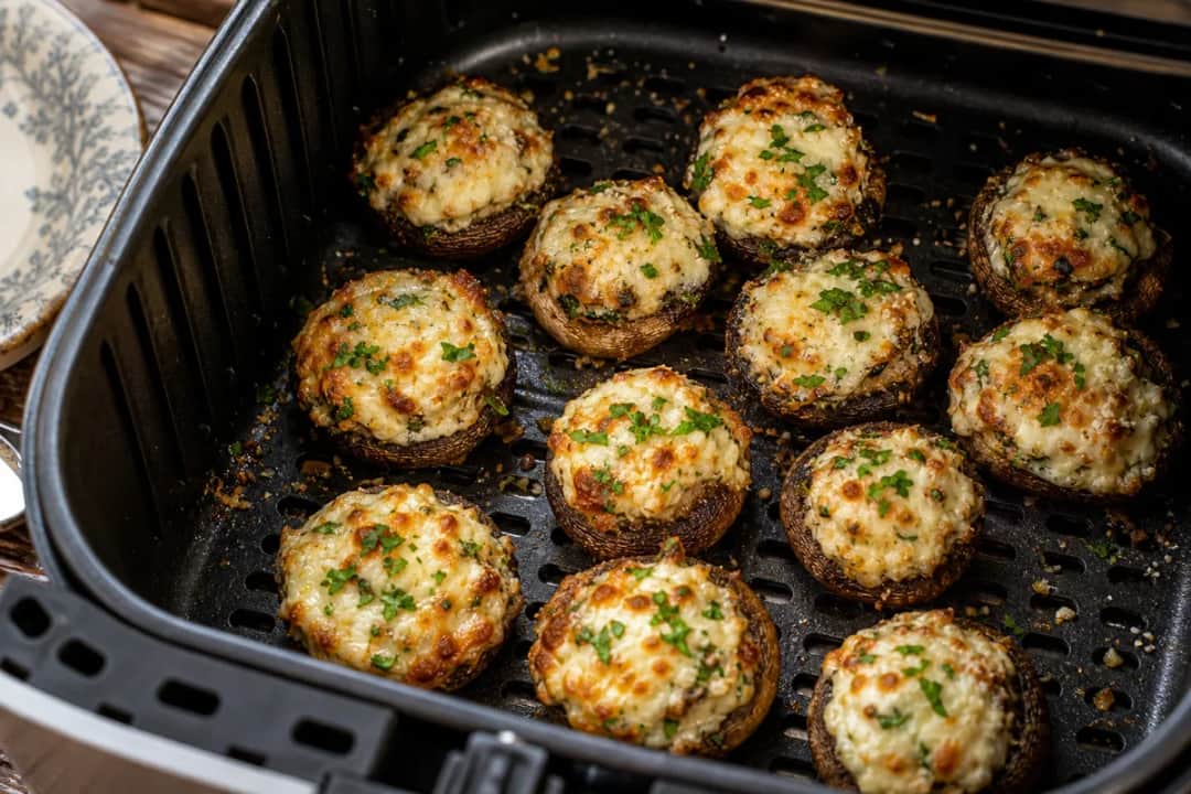 Golden-brown stuffed mushrooms topped with melted cheese and herbs, served on a white plate.