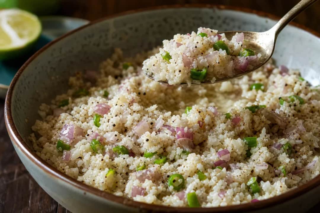 Bowl of Sri Lankan coconut sambal with grated coconut, fresh chili, and lime zest.