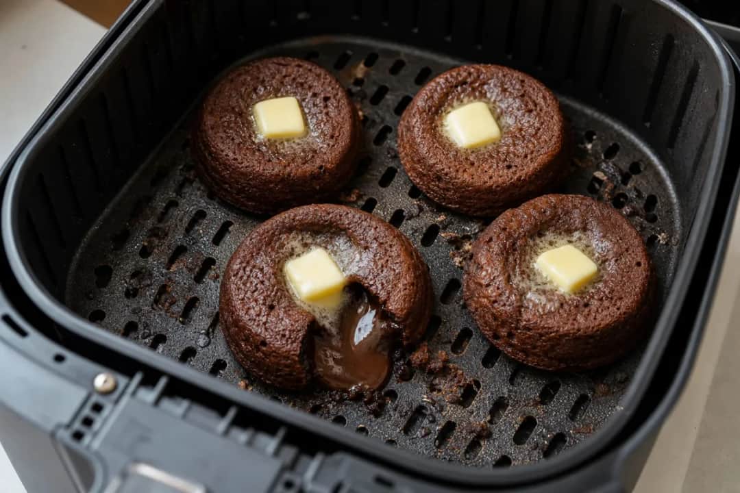 A warm molten lava cake with a gooey chocolate center, garnished with fresh berries.