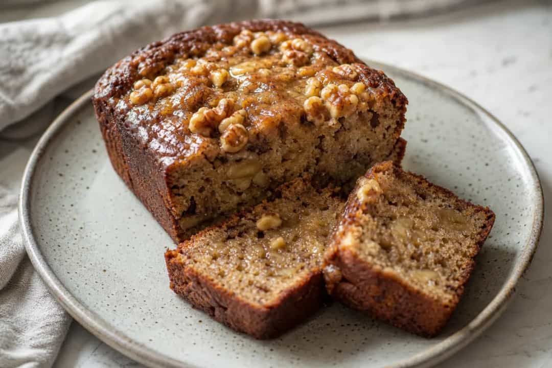 Plated banana bread with walnuts, golden crust, and cinnamon sprinkle on top.