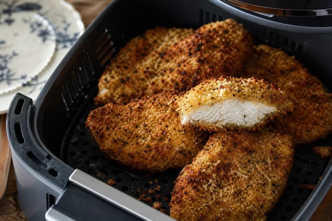 Air Fryer Crispy Parmigiana Chicken Breasts with Herb Crust
