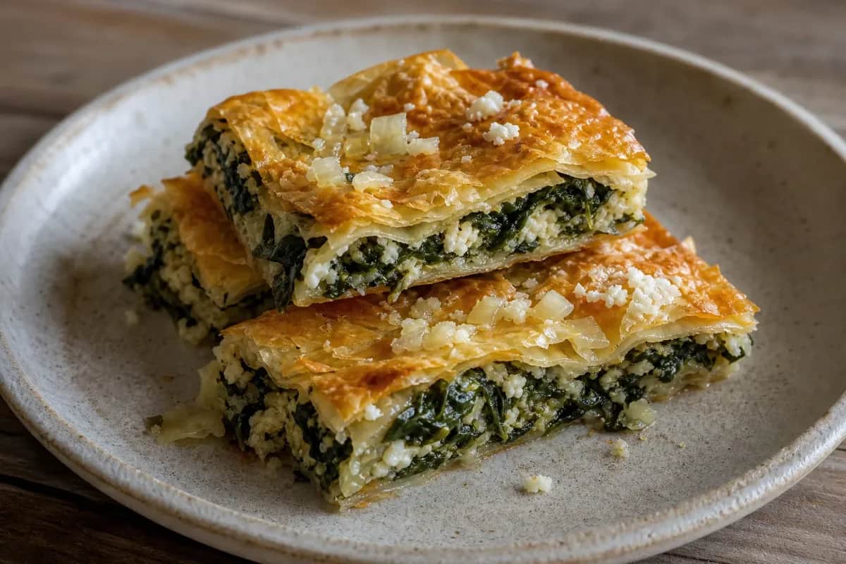 Crispy Albanian byrek filled with spinach and feta, plated beautifully.