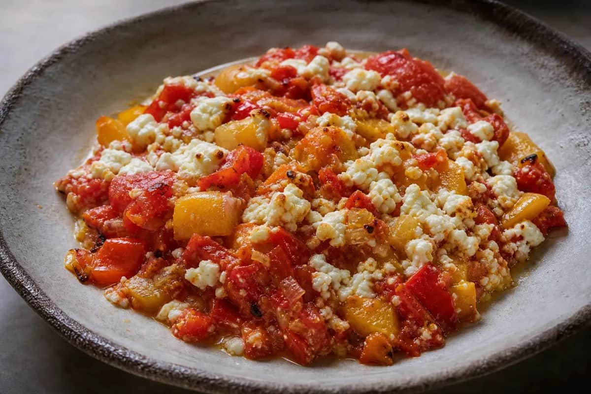 A vibrant plate of Albanian Fërgesë with colorful peppers, melted cheese, and a rich tomato sauce, garnished with fresh herbs.
