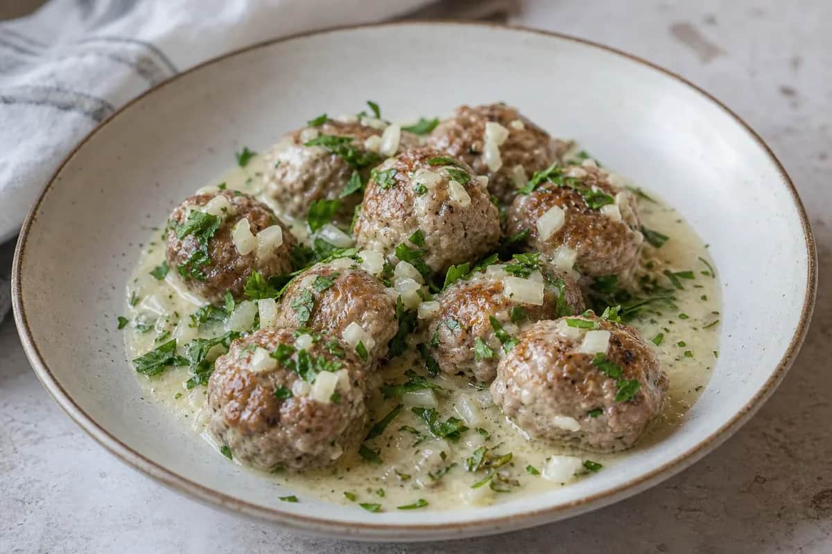 Tender meatballs in a creamy lemon sauce, garnished with fresh herbs