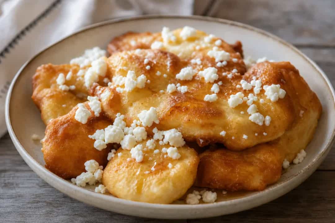 Golden-brown fried dough topped with honey and crumbled cheese, garnished with herbs.