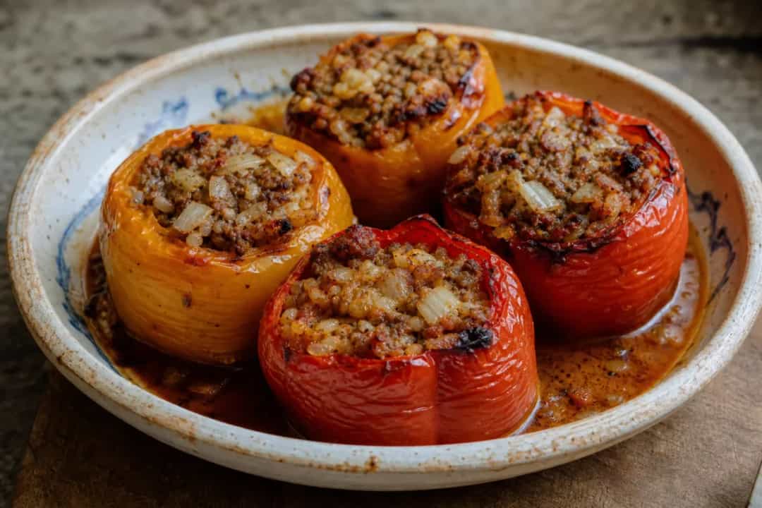 Stuffed bell peppers with beef and rice, garnished with herbs and spices.