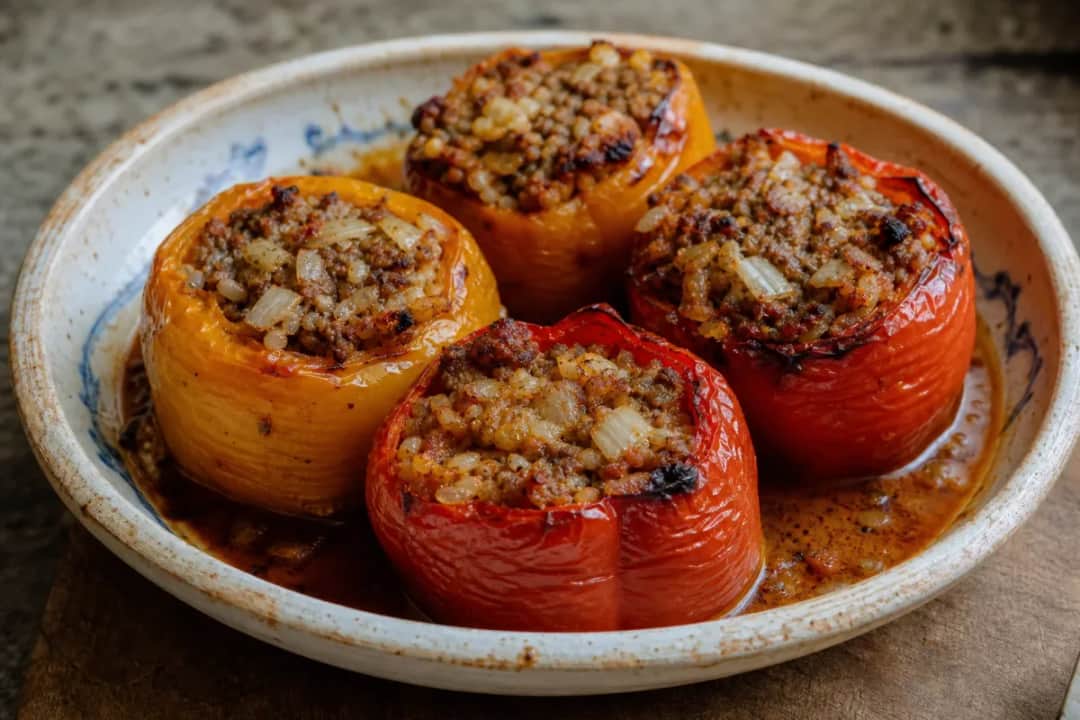 Stuffed bell peppers with beef and rice, garnished with herbs and spices.
