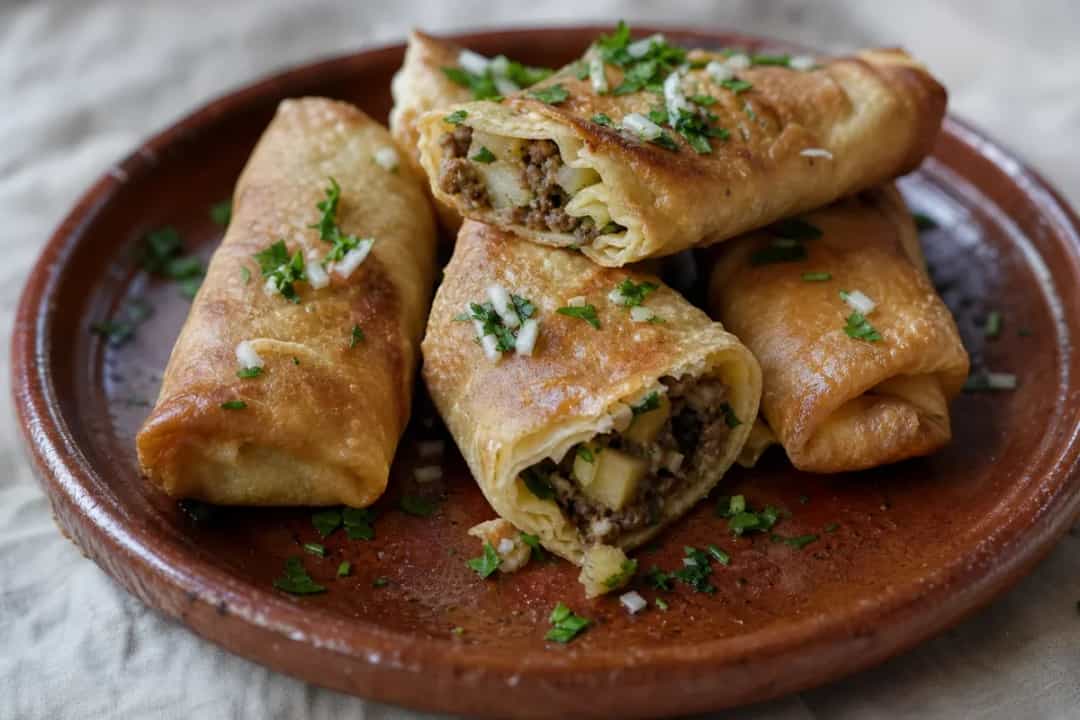 Golden crispy bourek filled with spiced beef and diced potatoes, garnished with parsley.