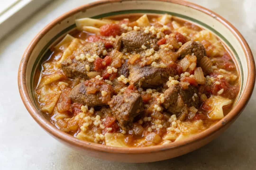 Layered chakhchoukha with lamb, spiced tomato sauce, and herbs garnished on a plate.
