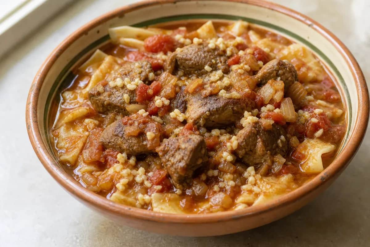 Layered chakhchoukha with lamb, spiced tomato sauce, and herbs garnished on a plate.