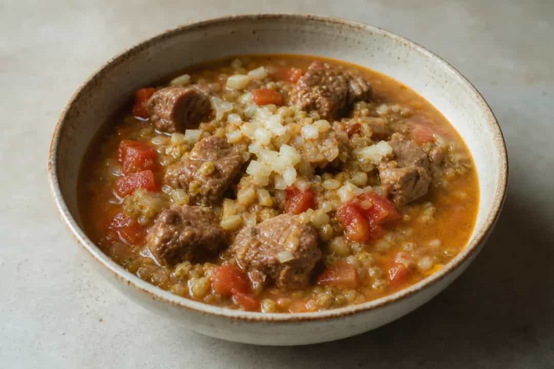 A hearty bowl of Chorba Frik featuring tender lamb, vibrant tomatoes, and green wheat, garnished with fresh herbs.