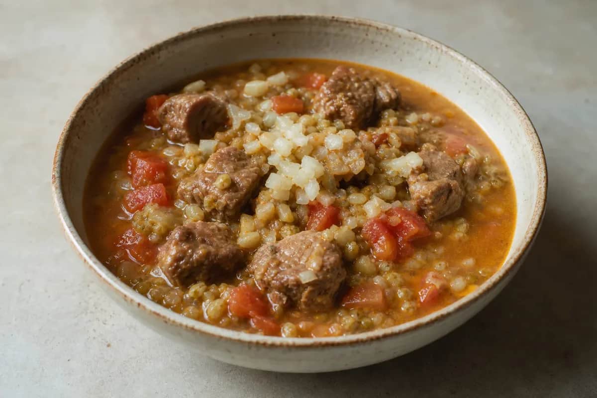 A hearty bowl of Chorba Frik featuring tender lamb, vibrant tomatoes, and green wheat, garnished with fresh herbs.