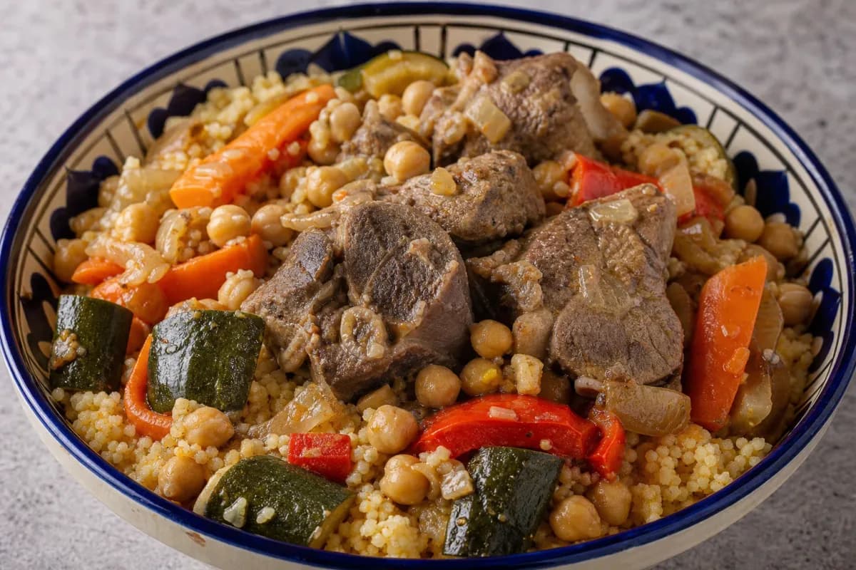 A colorful plate of couscous topped with lamb, chickpeas, and mixed vegetables, beautifully garnished.