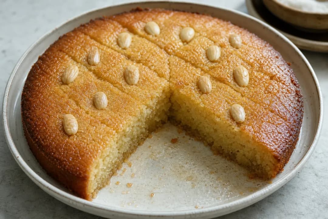 Algerian Kalb El Louz Semolina Cake with Almonds and Syrup