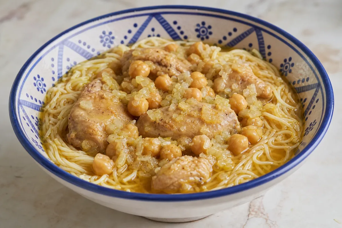 Plate of Algerian Rechta noodles with chicken, chickpeas, and herbs garnished with spices.