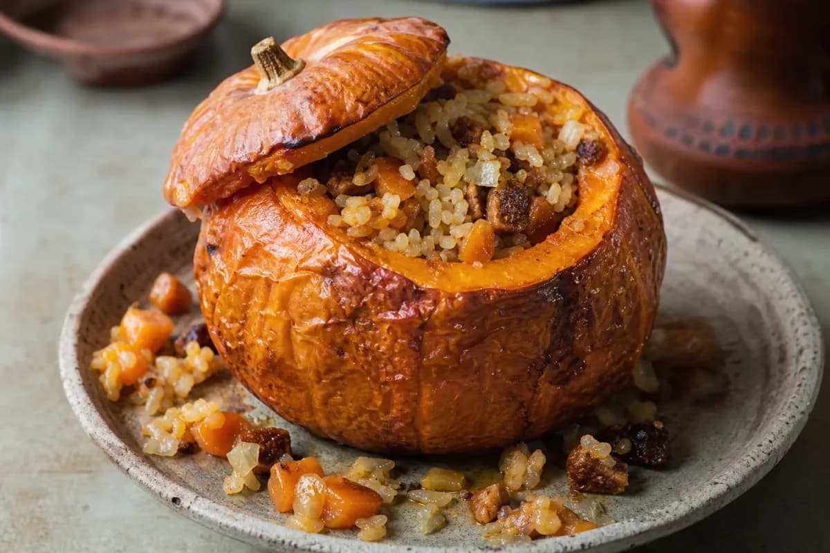 A beautifully plated ghapama with golden pumpkin, colorful dried fruits, and rice filling showcasing rich textures.