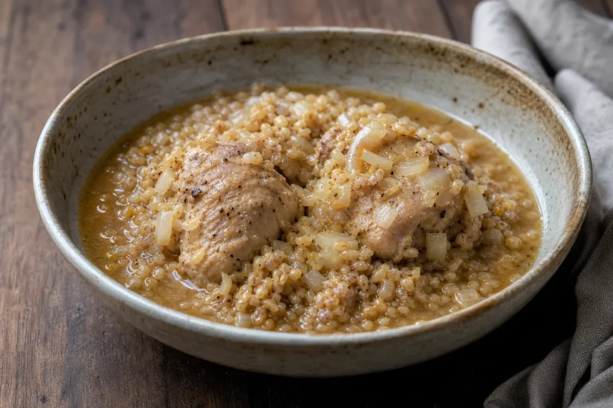 Creamy harissa with tender chicken, cracked wheat, and herbs, elegantly served in a bowl.