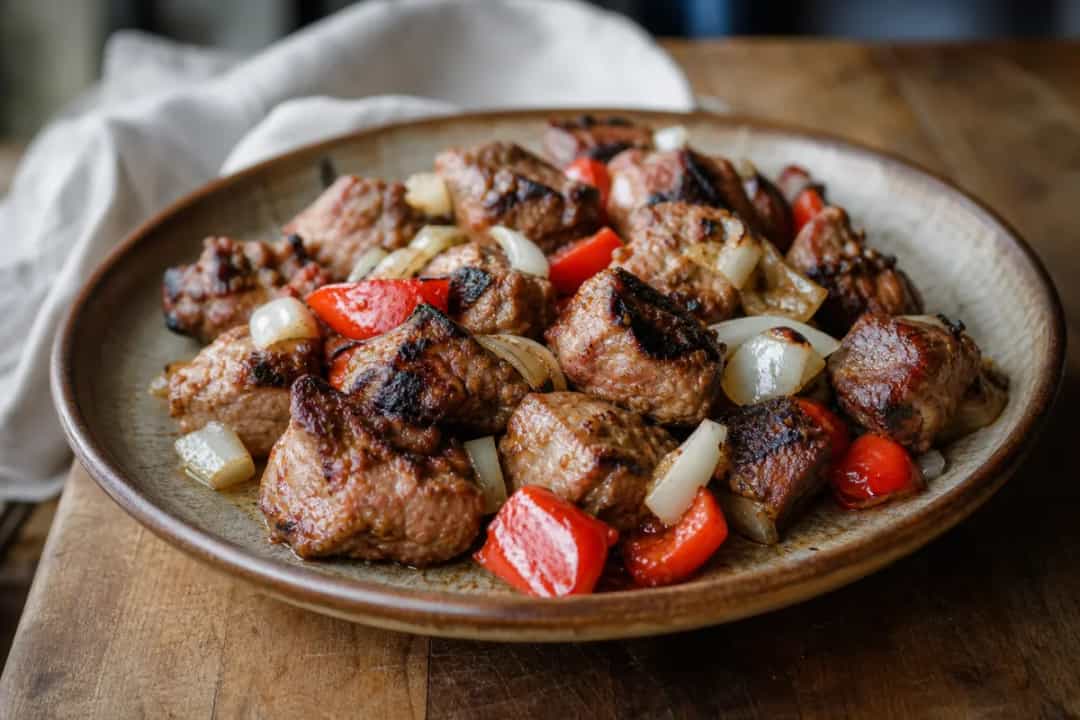 Grilled pork skewers with colorful vegetables on a plate, garnished with herbs.