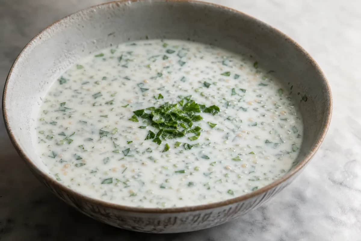 Creamy yogurt soup garnished with fresh herbs and wheat, served in a bowl.