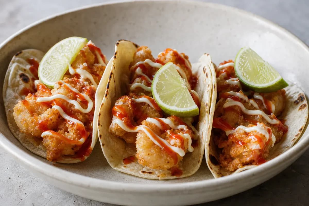 Crispy shrimp tacos topped with fresh lime crema, garnished with cilantro and served in soft tortillas.