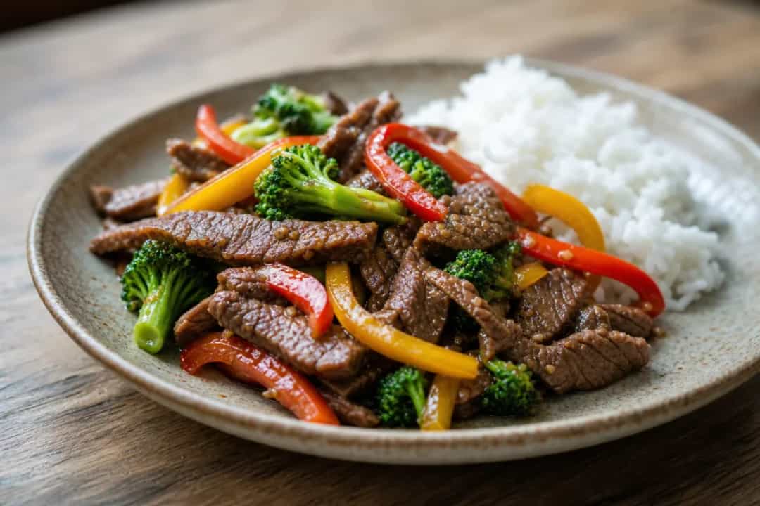 Vibrant beef stir-fry with sesame seeds, colorful vegetables, and rice, beautifully plated.
