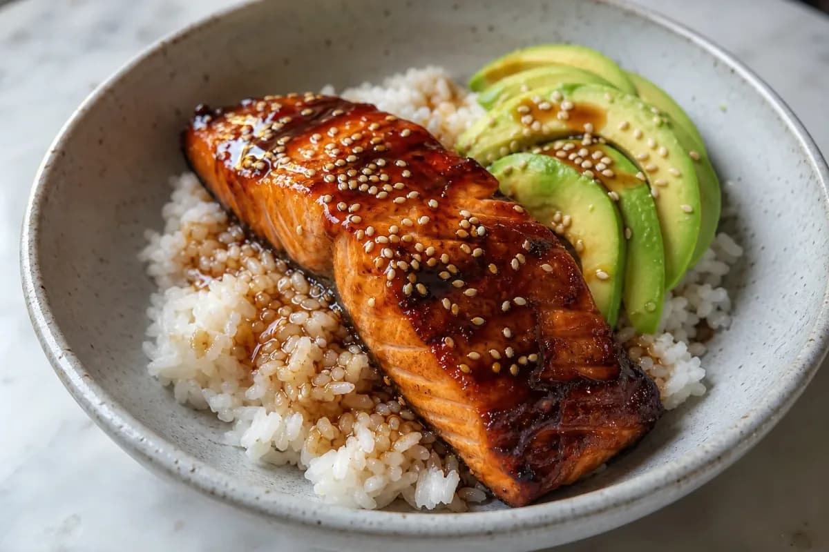 Asian Fusion Teriyaki Salmon Rice Bowls with Avocado and Sesame