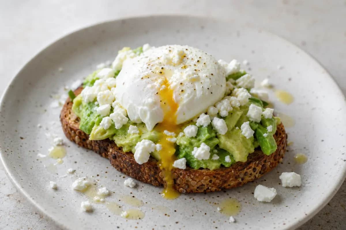 Creamy avocado spread on toasted bread topped with a poached egg and crumbled feta.
