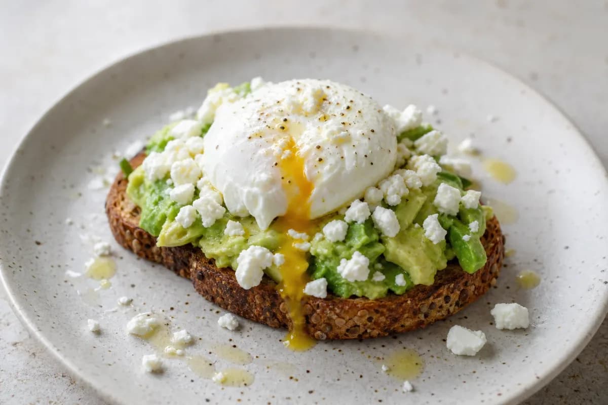 Creamy avocado spread on toasted bread topped with a poached egg and crumbled feta.