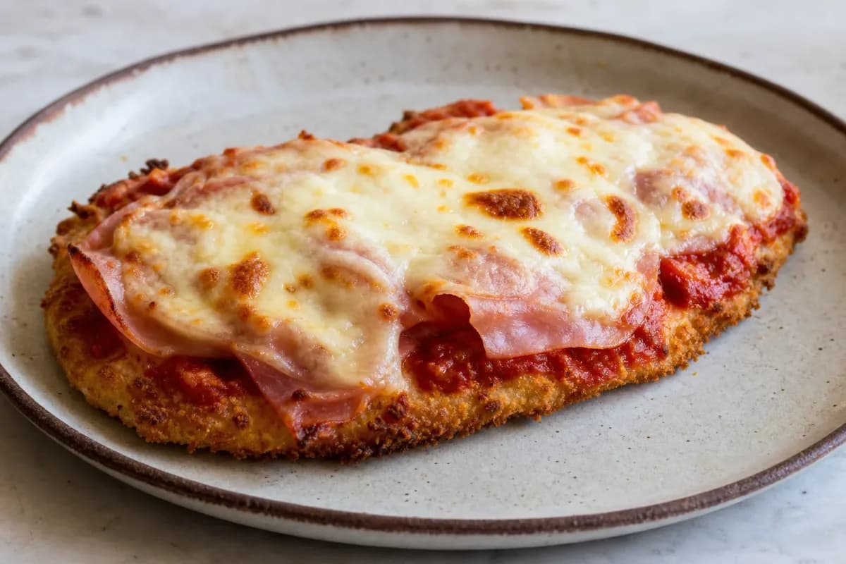 Golden brown chicken breast topped with ham and melted cheese, served with a side of salad.