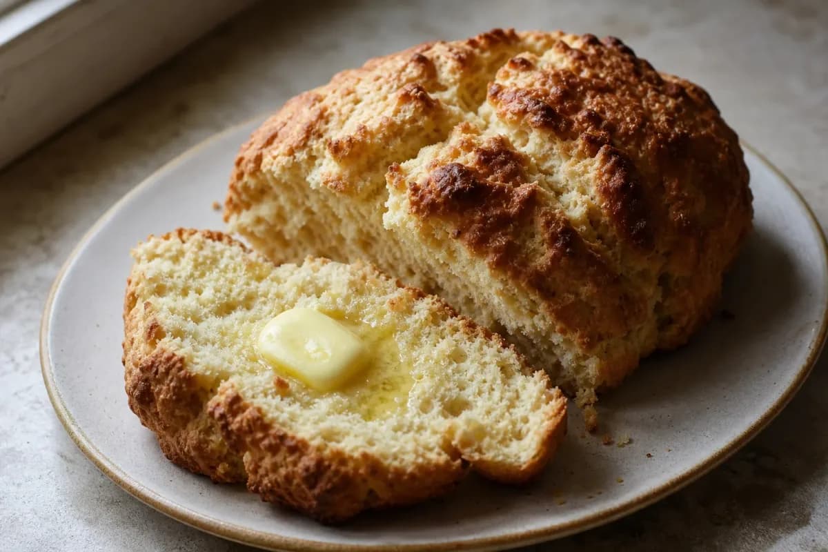 Freshly baked damper bread with a golden crust, butter melting, and golden syrup drizzled on top.
