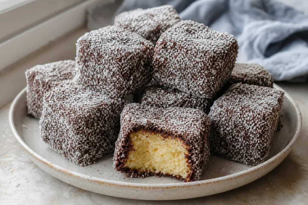 Layered sponge cake coated in chocolate icing and coconut flakes on a plate.