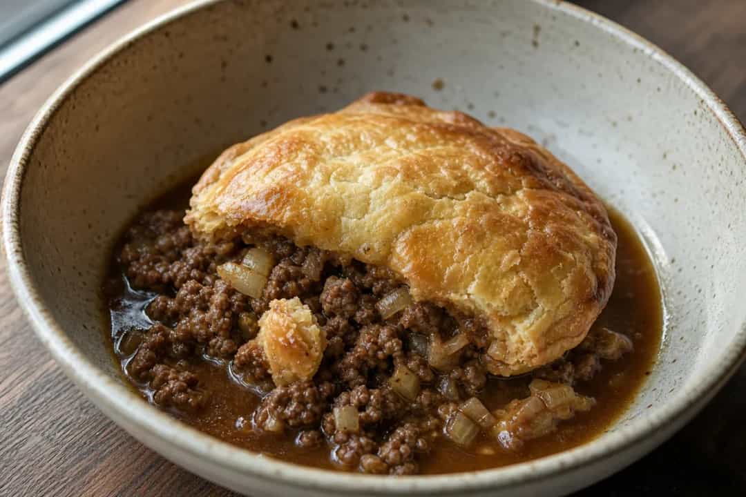 Golden brown meat pie with flaky crust, sliced to reveal beef filling and rich gravy inside.