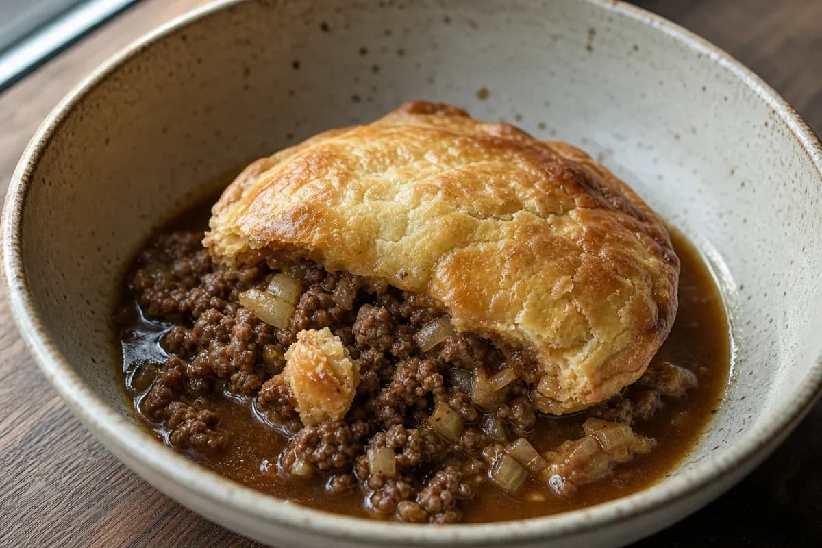Golden brown meat pie with flaky crust, sliced to reveal beef filling and rich gravy inside.