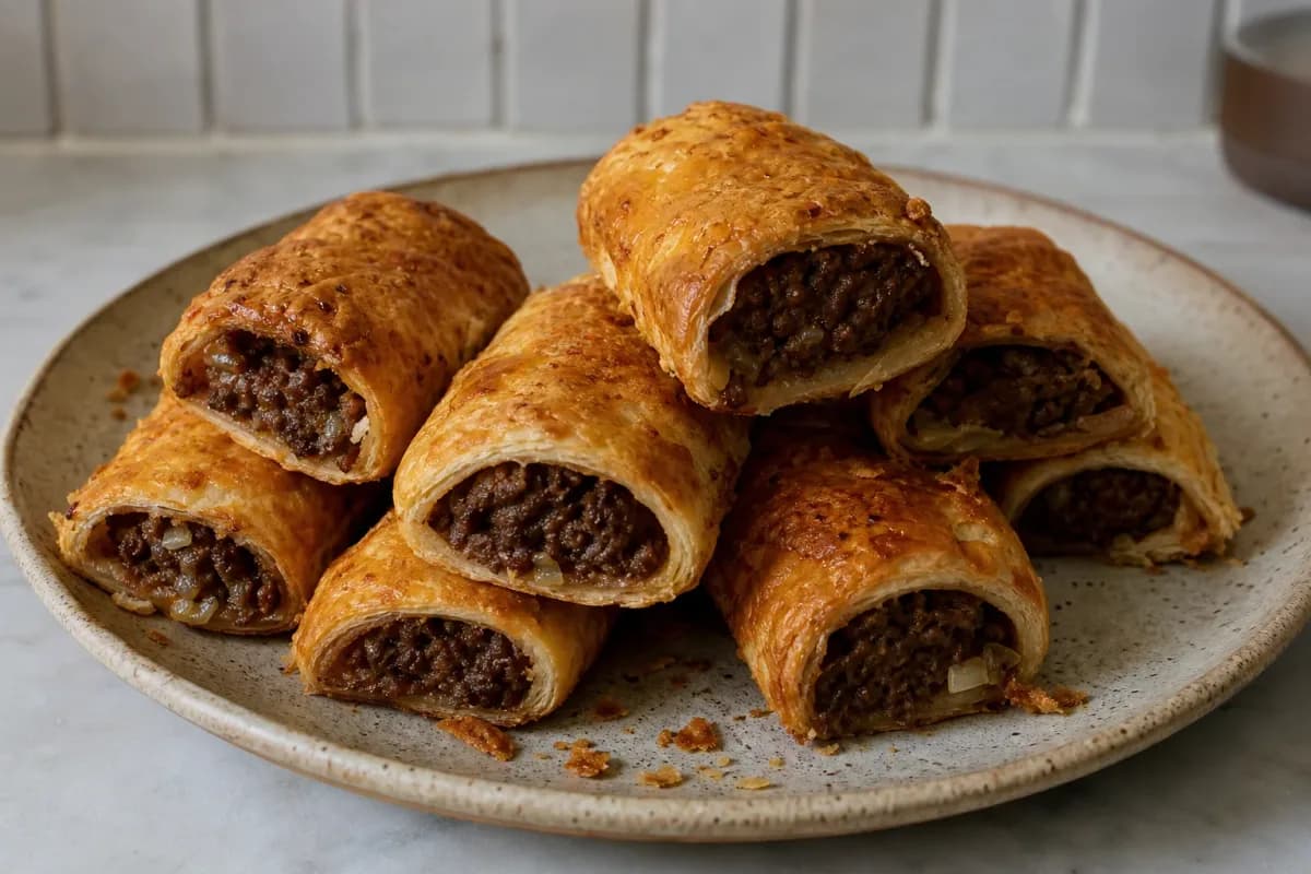 Golden flaky pastry rolls filled with savory beef, garnished with herbs on a plate.