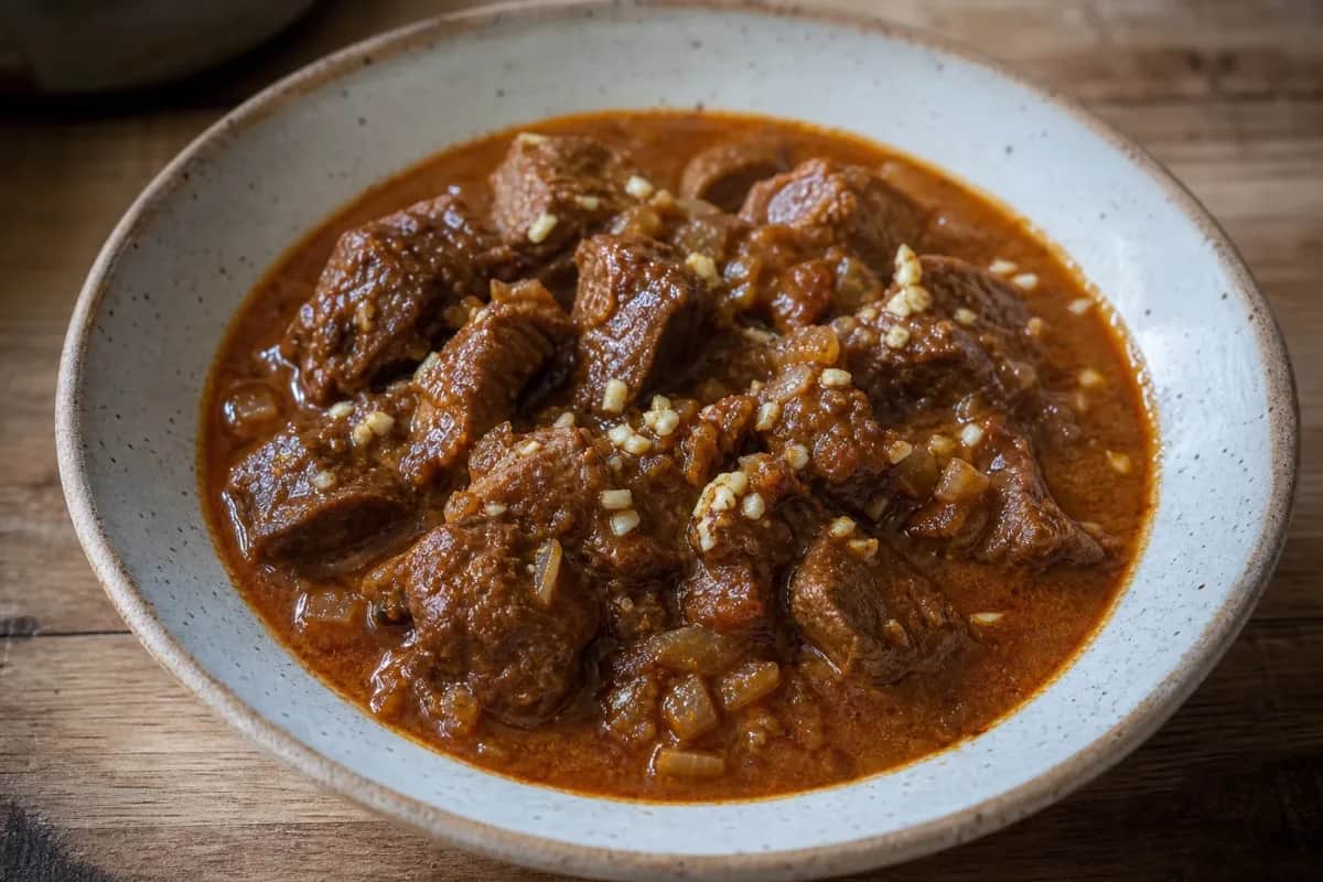 Thick, hearty beef goulash garnished with fresh herbs, served in a rustic bowl with a side of bread.
