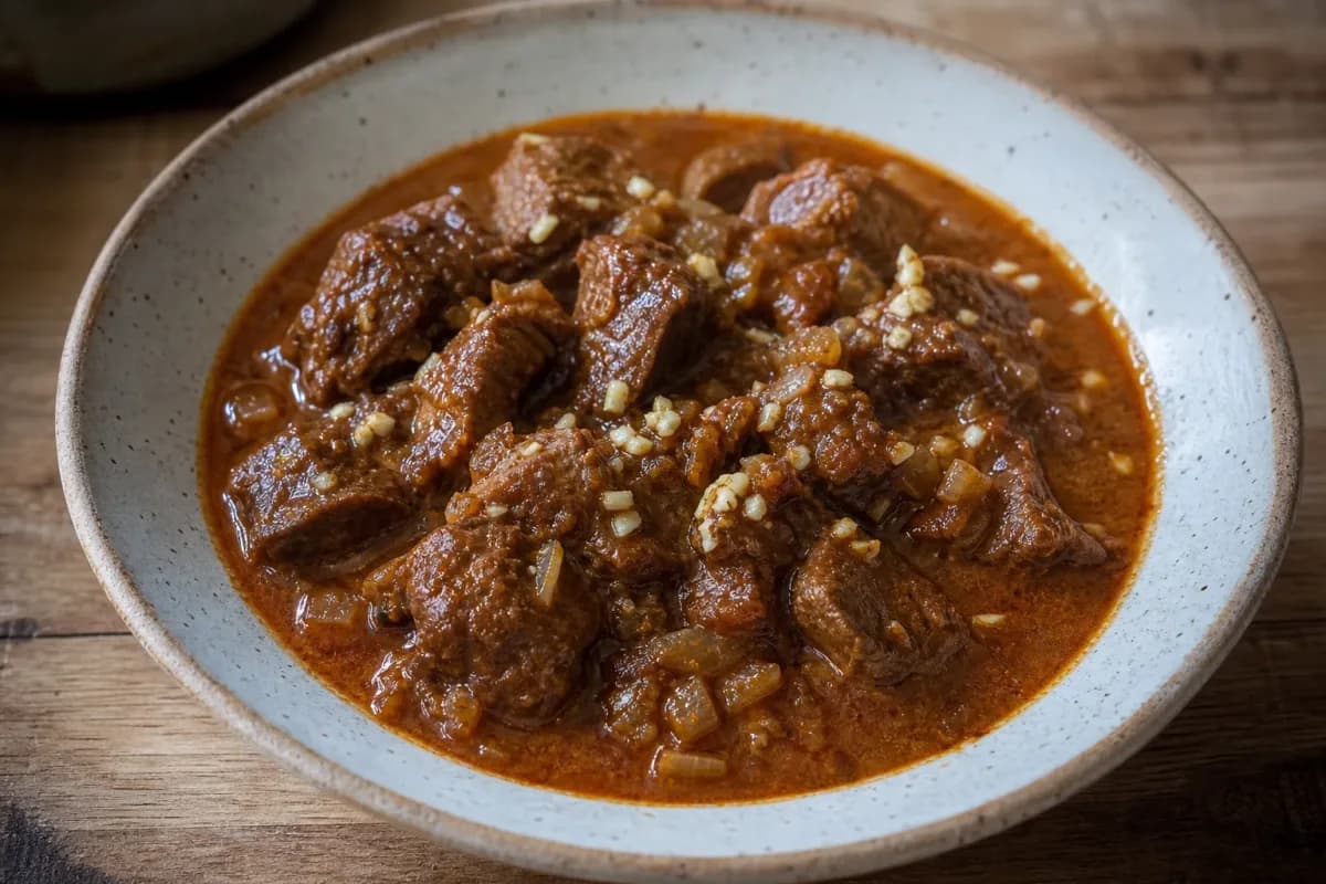 Thick, hearty beef goulash garnished with fresh herbs, served in a rustic bowl with a side of bread.