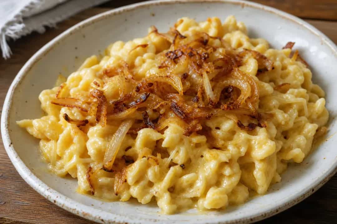 Austrian Käsespätzle plated with melted cheese, crispy onions, and herbs.