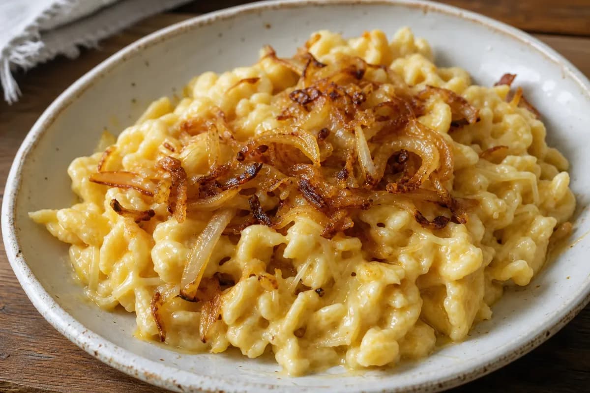 Austrian Käsespätzle plated with melted cheese, crispy onions, and herbs.