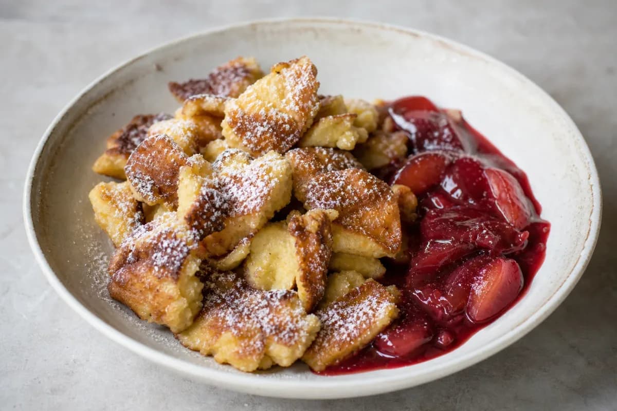 Austrian Kaiserschmarrn with Plum Compote and Powdered Sugar