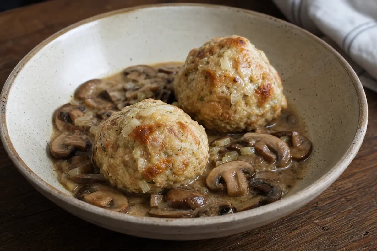 Fluffy bread dumplings topped with creamy mushroom sauce and fresh parsley on a white plate.