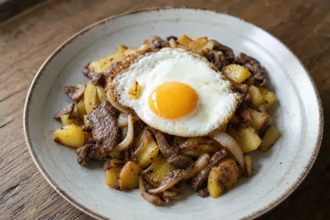 Plated Tiroler Gröstl featuring golden potatoes, tender beef, and a sunny-side-up egg, garnished with fresh herbs.