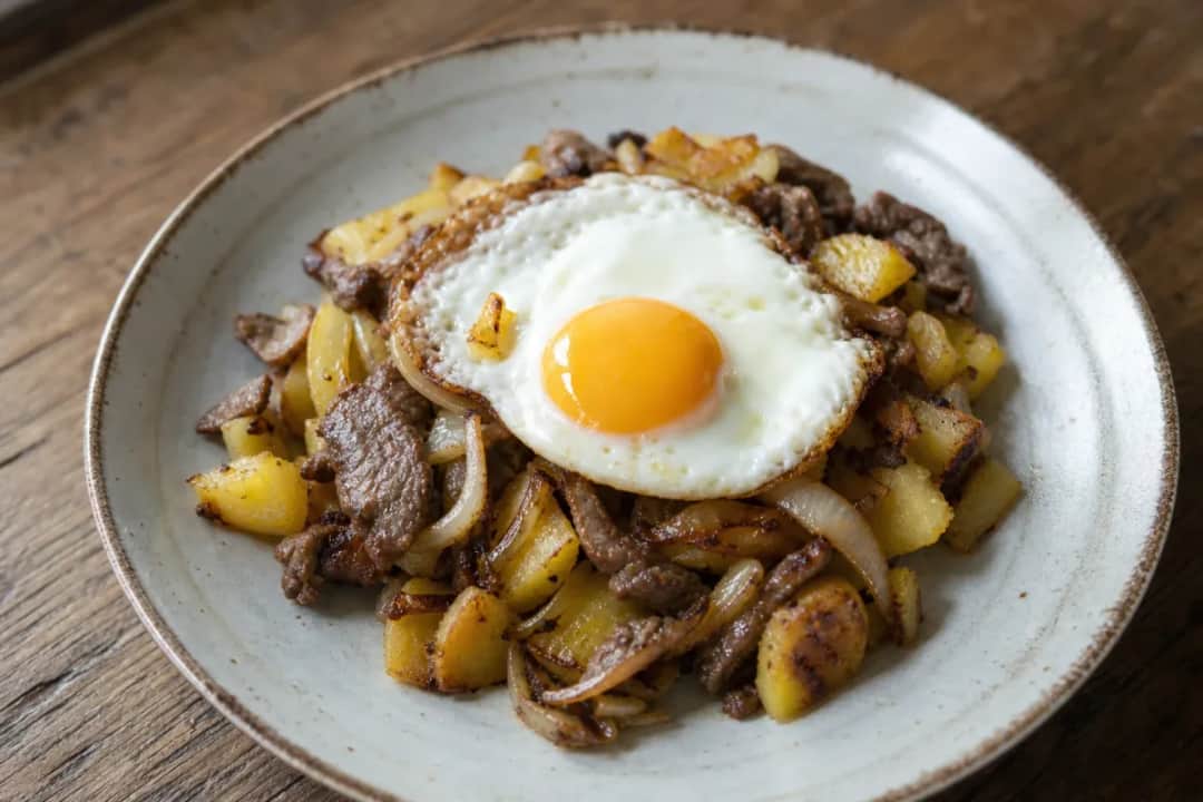 Plated Tiroler Gröstl featuring golden potatoes, tender beef, and a sunny-side-up egg, garnished with fresh herbs.