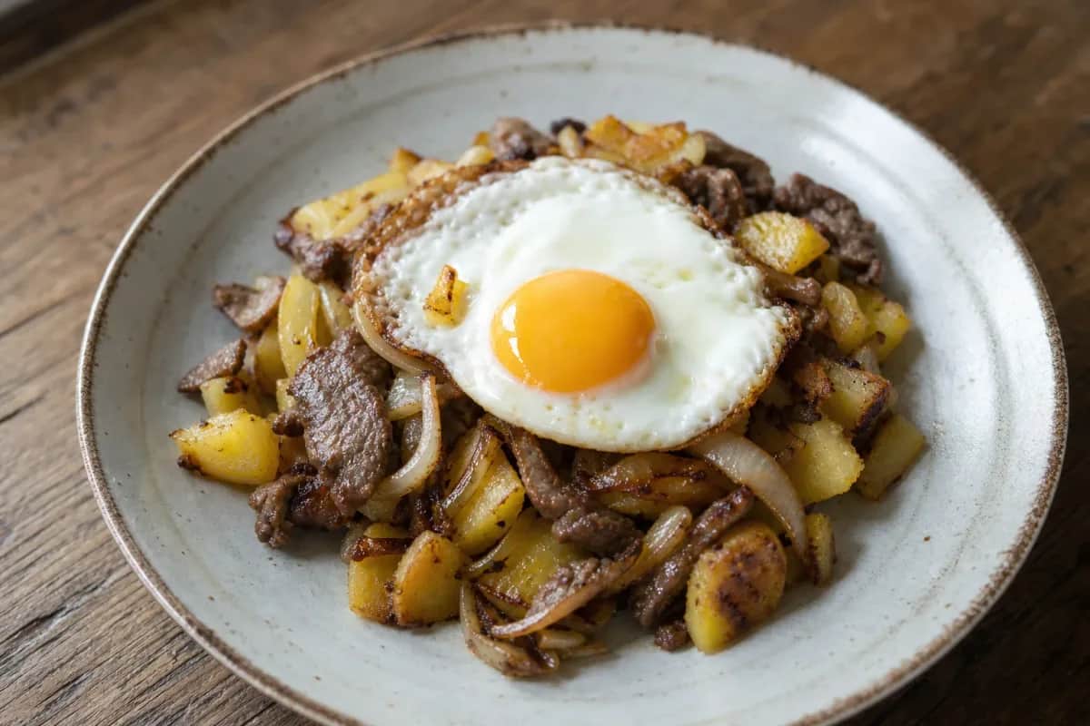 Plated Tiroler Gröstl featuring golden potatoes, tender beef, and a sunny-side-up egg, garnished with fresh herbs.