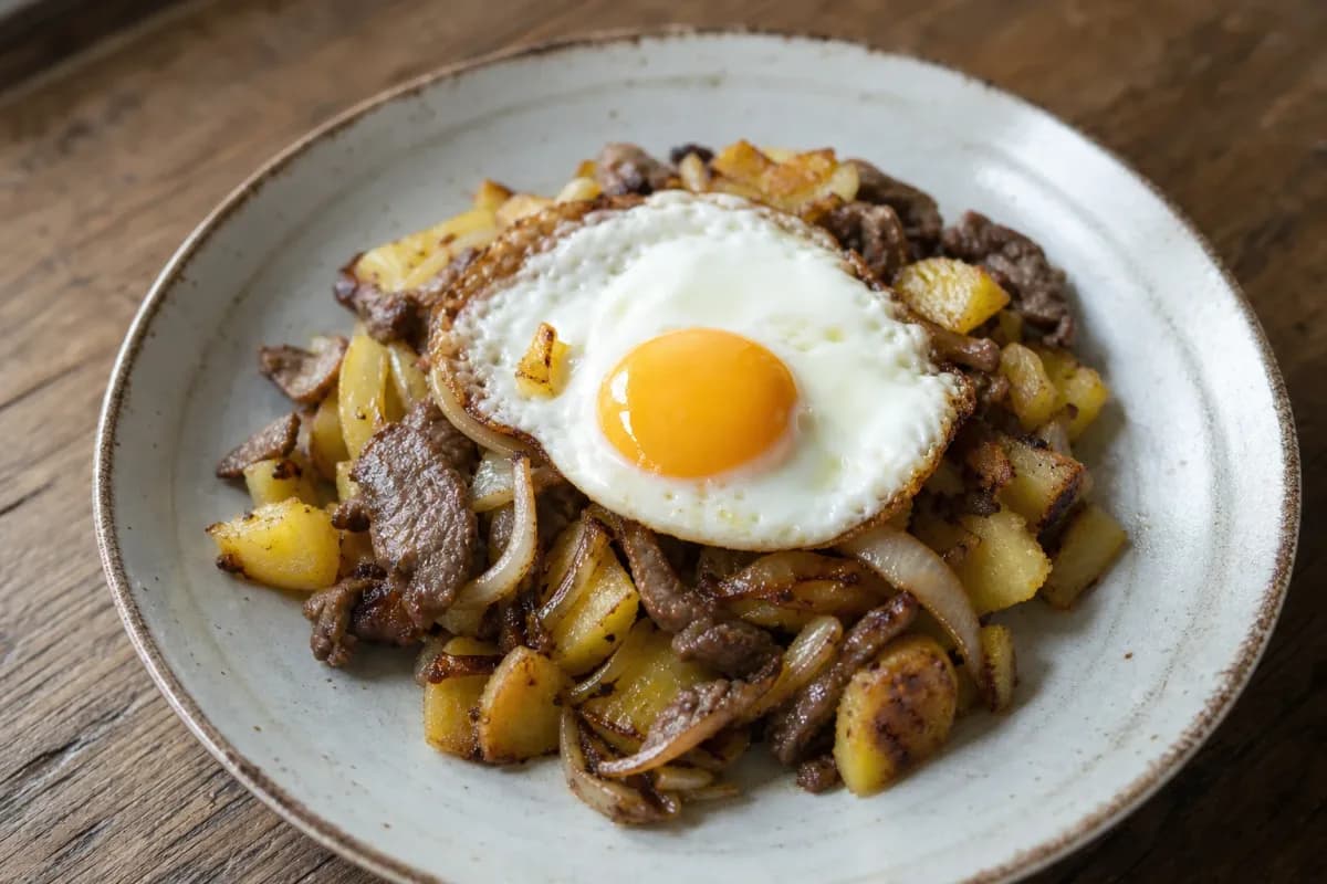 Plated Tiroler Gröstl featuring golden potatoes, tender beef, and a sunny-side-up egg, garnished with fresh herbs.